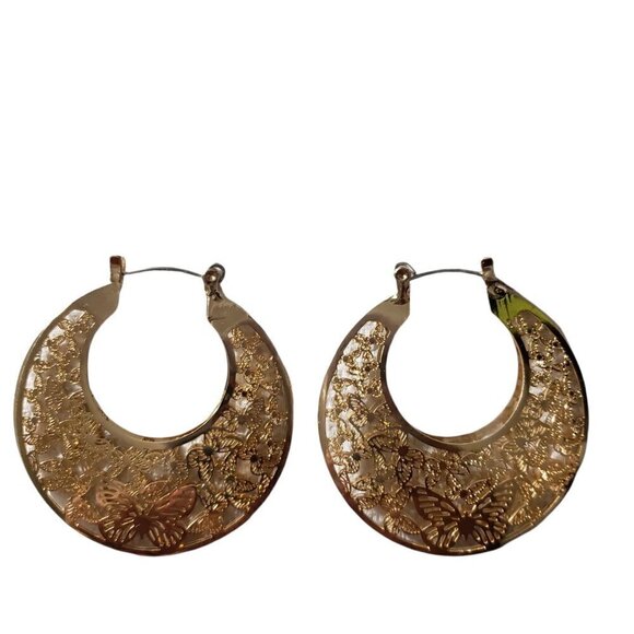 Womens Gold Butterfly Cast Hinge Circle Big Hoop Earrings Party Casual Jewelry - Picture 5 of 5